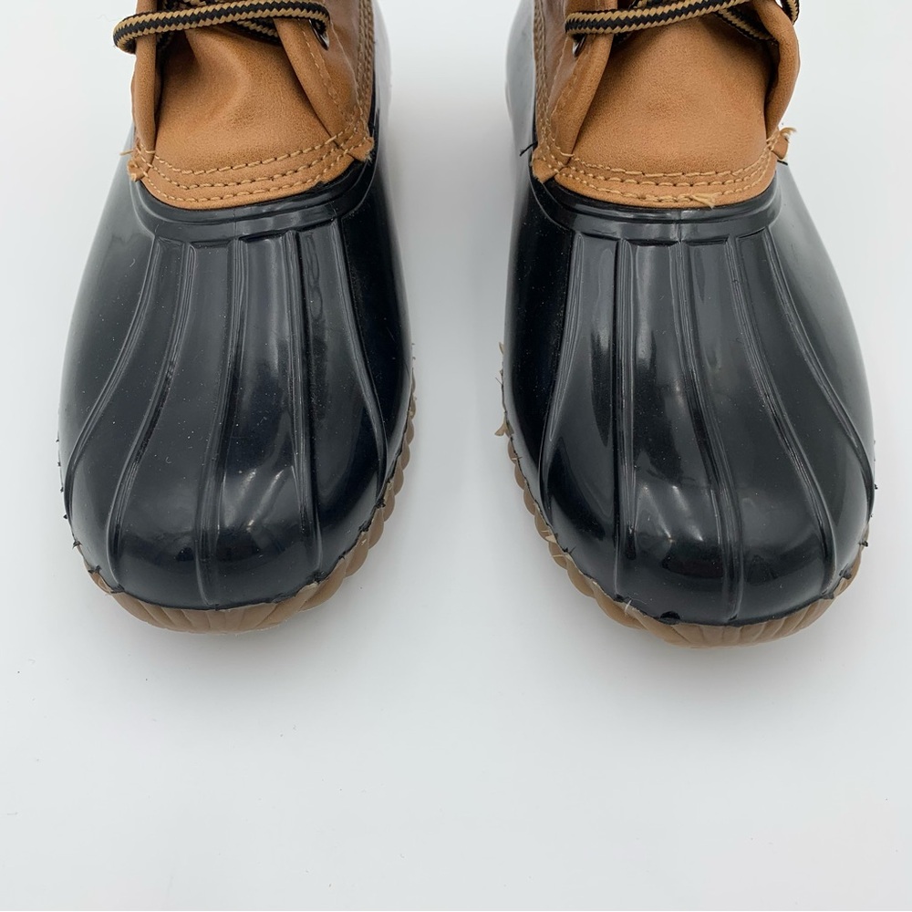 Madden Girl Flurry Duck Rain Boot Tan Black Women Sz 6.5 Fleece Plaid Lining EUC - Picture 4 of 14